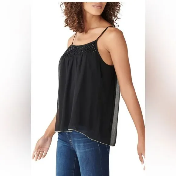 Lucky brand black silver flowy sheer smocked camisole w/gold trim hem sz M - Picture 4 of 16